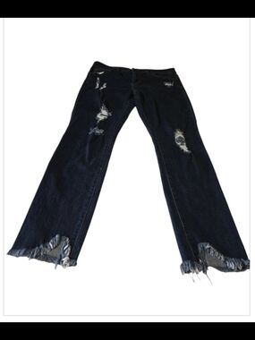 VIP Dark Blue Straight-Leg Distressed Jeans with Frayed Hem